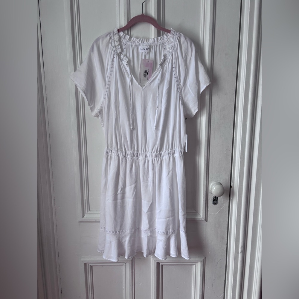 Women’s Bella Dahl NWT White Eyelet Mini Dress Short Sleeve Tie Neck